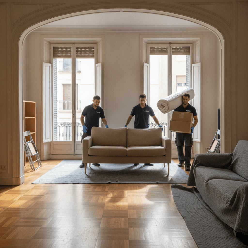 Equipo de Mansonet sacando el sofá, un colchón y cajas durante el vaciado de un piso en Barcelona
