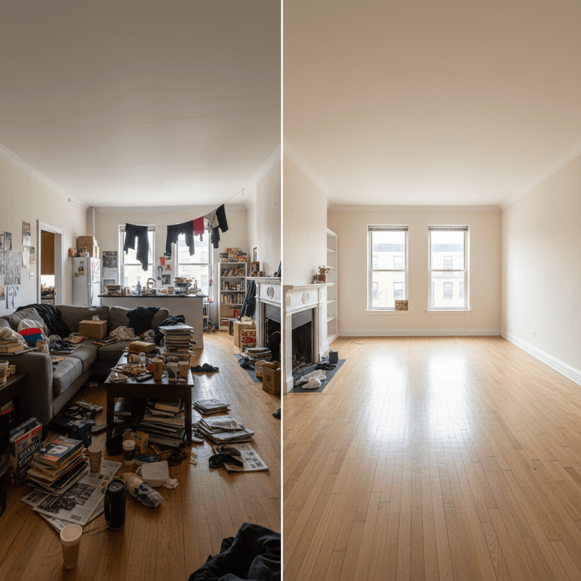 Salón de un piso antes y después del vaciado en Barcelona
